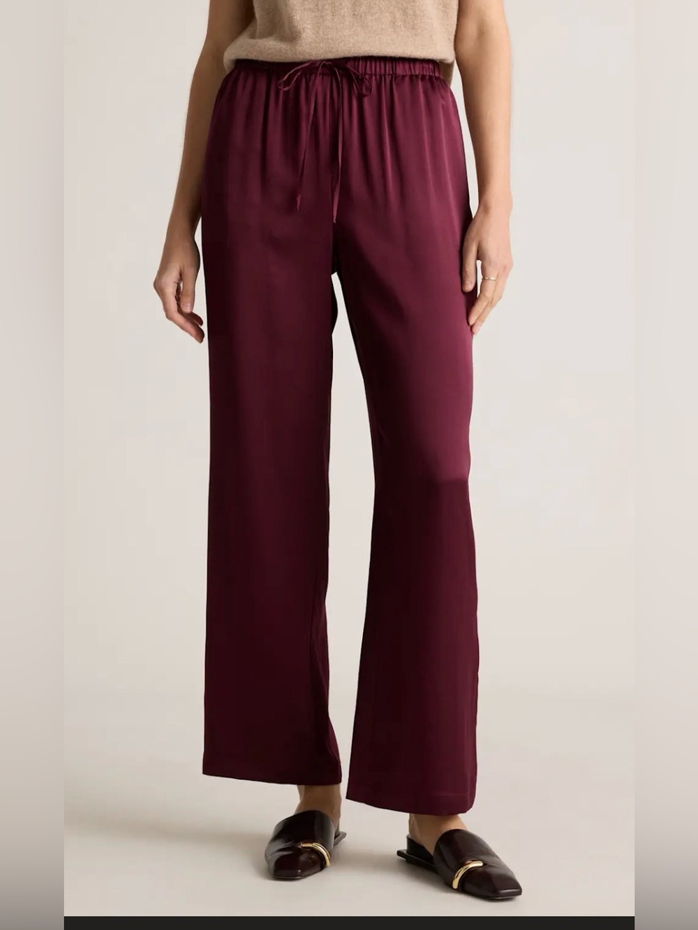 Quince 100% Washable Silk Drawstring Wide Leg Pants Burgundy Women’s M Luxury